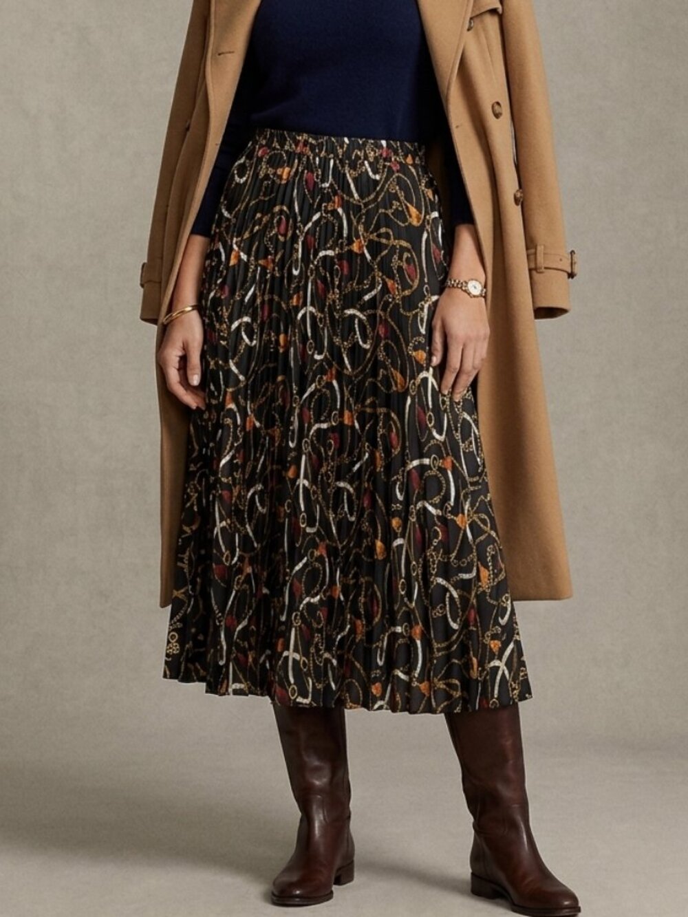 Gemma + Jane Women's Size Medium Black Chain Print Satin Pleated Maxi Skirt